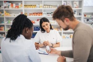 Pharmacist discusses low antidepressant success rates with a patient