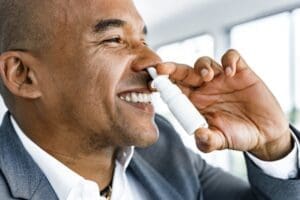 Happy patient takes spravato after learning how it can help him recover from Depression in the spravato medication guide